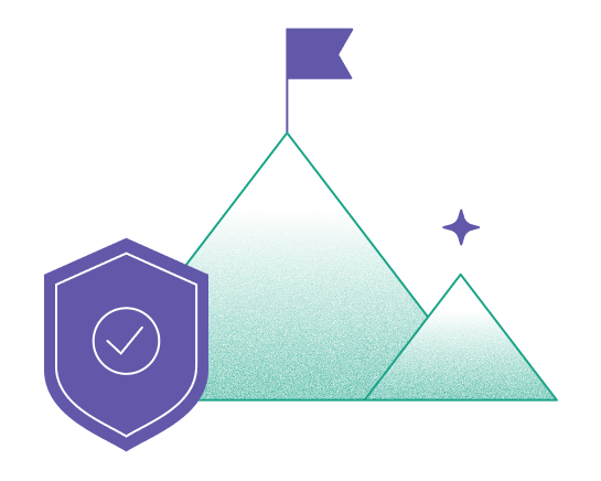 Illustration of layered mountains with a flag and shield, representing stability, trust, and progress toward Atreo’s mission.