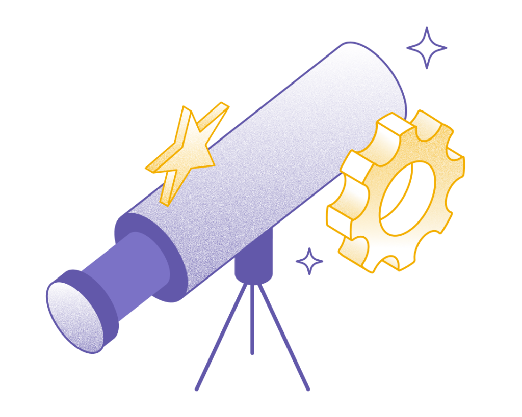 Illustration of a telescope and gear symbolizing forward-looking innovation and the future of RTSM technology.